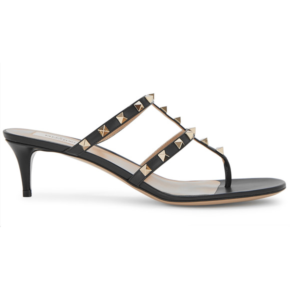 Valentino Rockstud 50 Black Thong Backless Cage Strap Sandal Kitten Heel Pump 37 - Picture 1 of 12